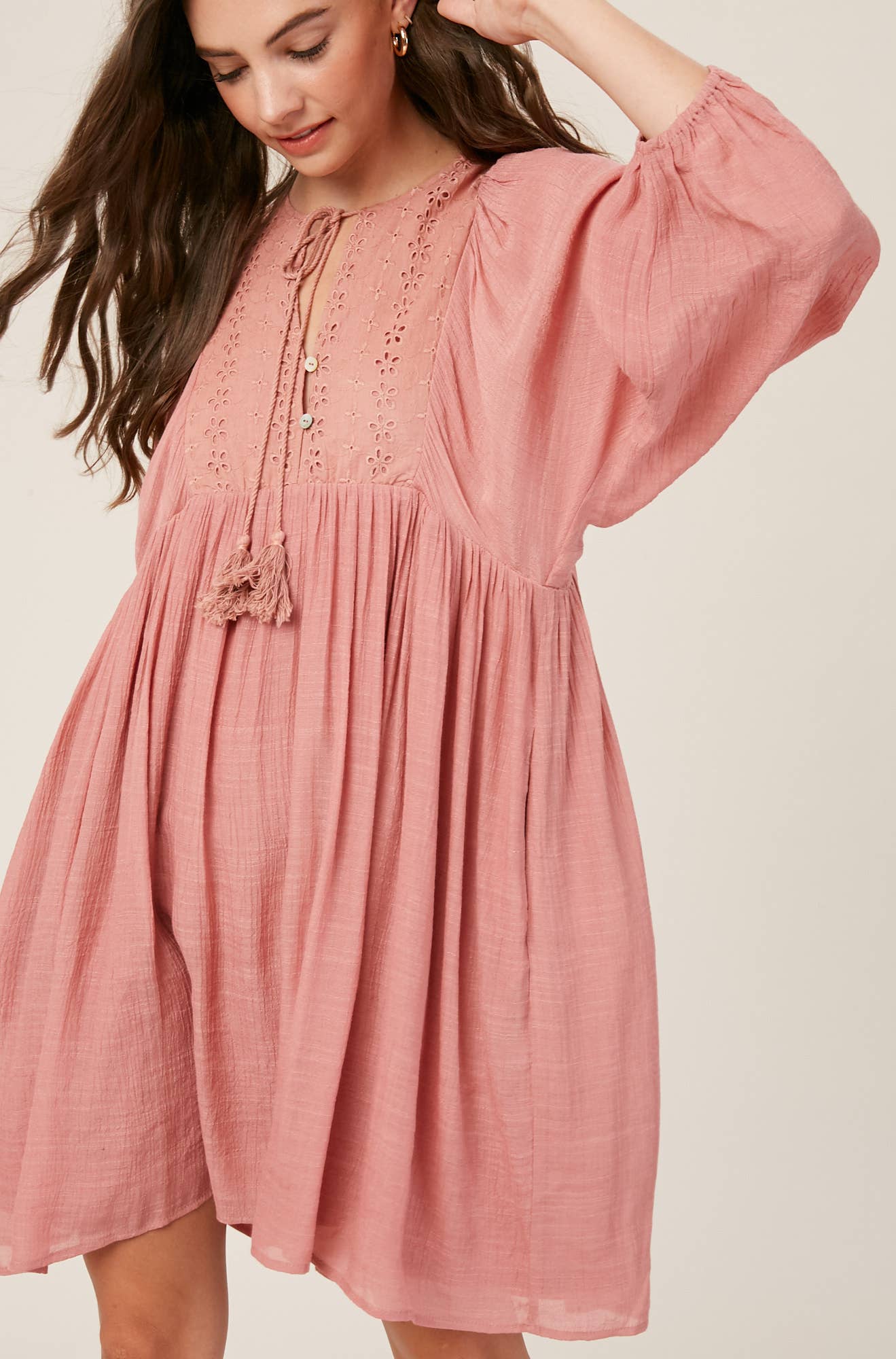 Embroidered Tassel Tie Babydoll Dress