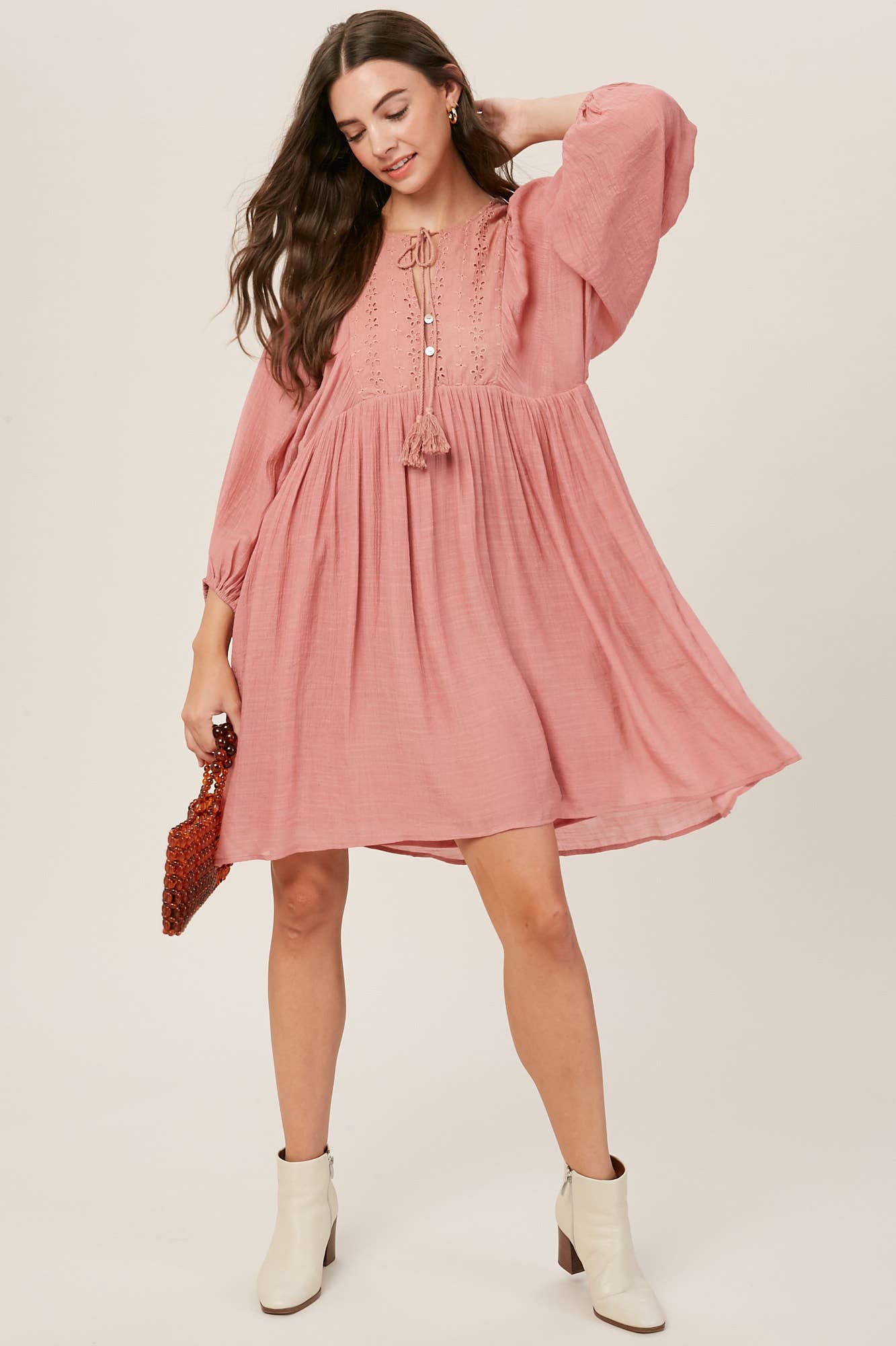 Embroidered Tassel Tie Babydoll Dress