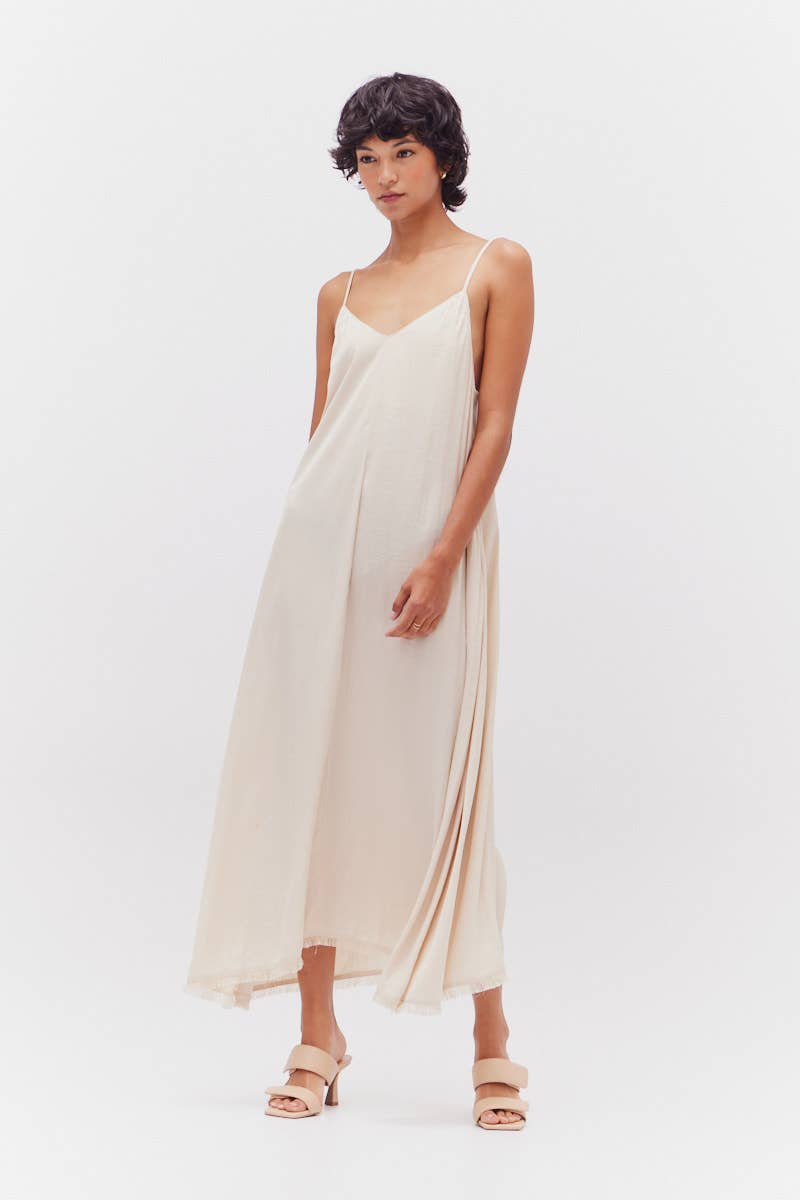 Grade & Gather Raw Hem Satin Midi Dress