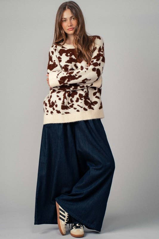 Cow Print Western Knit Top - Boho Camo Style