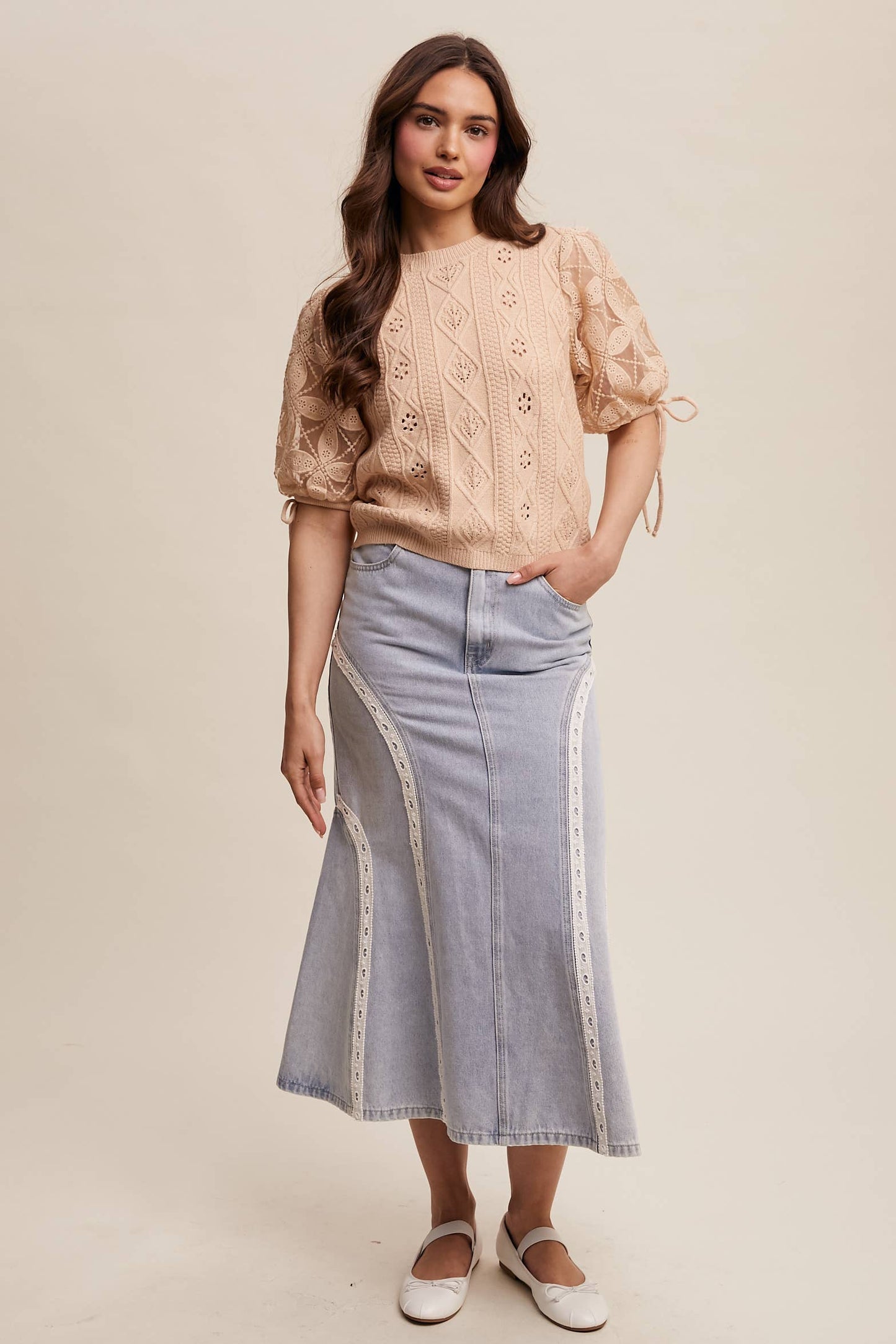 Eyelet Puff Sleeve Knit Sweater Top