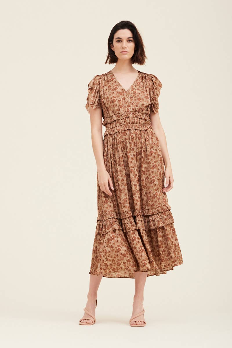 Ruffled Satin V Neck Dress - NYC