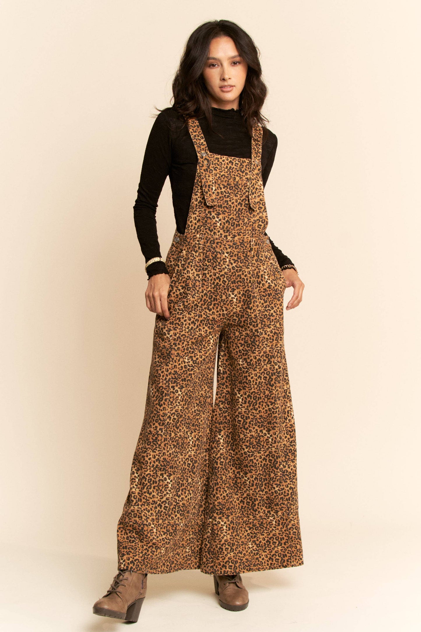 ANIMAL PRINTED DENIM WIDE OPEN LEG OVERALL PANTS
