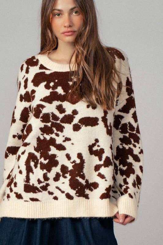 Cow Print Western Knit Top - Boho Camo Style