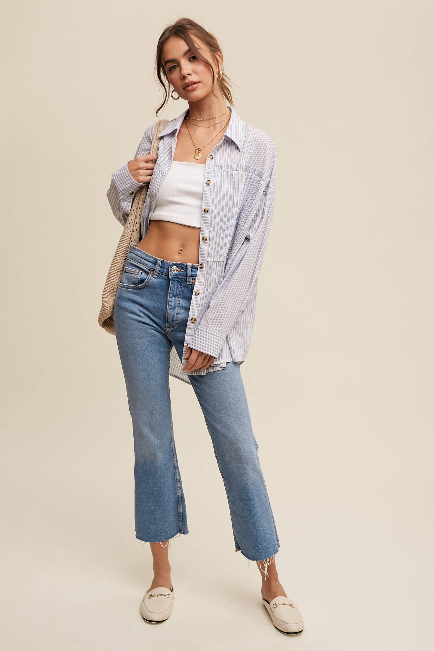 Striped Peplum Button-Down Shirt