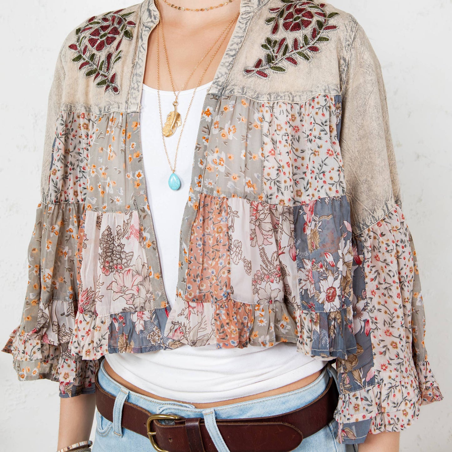 Vintage Boho Tiered Patchwork Cropped Shrug
