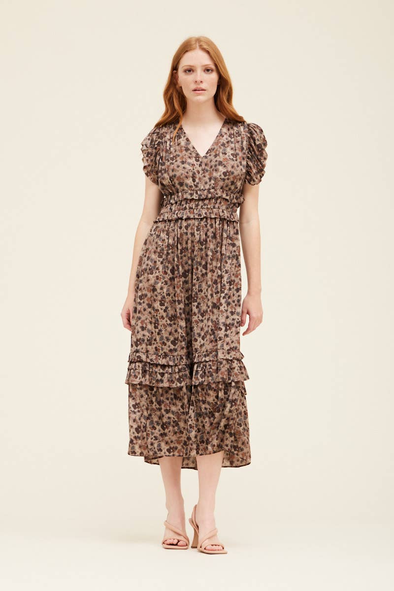 Ruffled Satin V Neck Dress - NYC