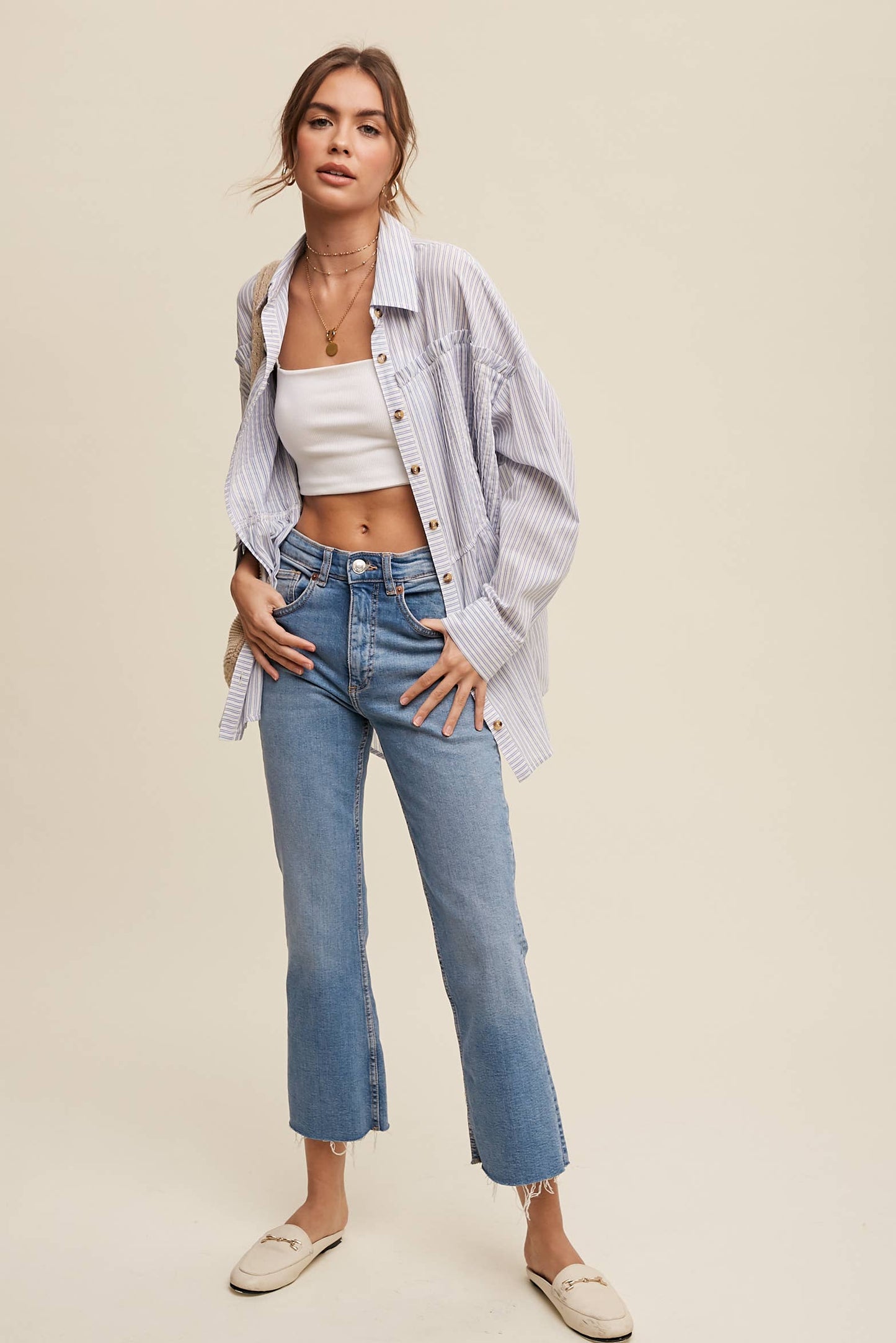 Striped Peplum Button-Down Shirt