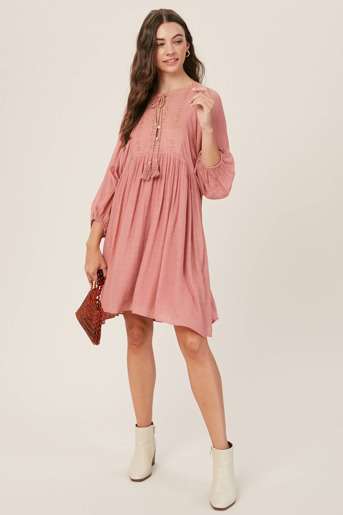 Embroidered Tassel Tie Babydoll Dress