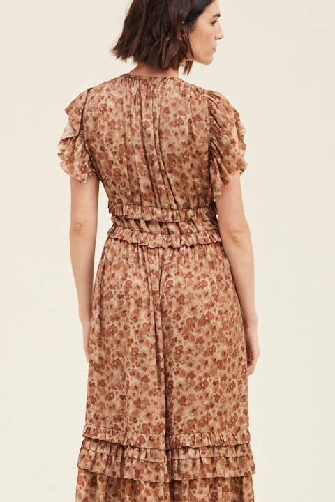 Ruffled Satin V Neck Dress - NYC