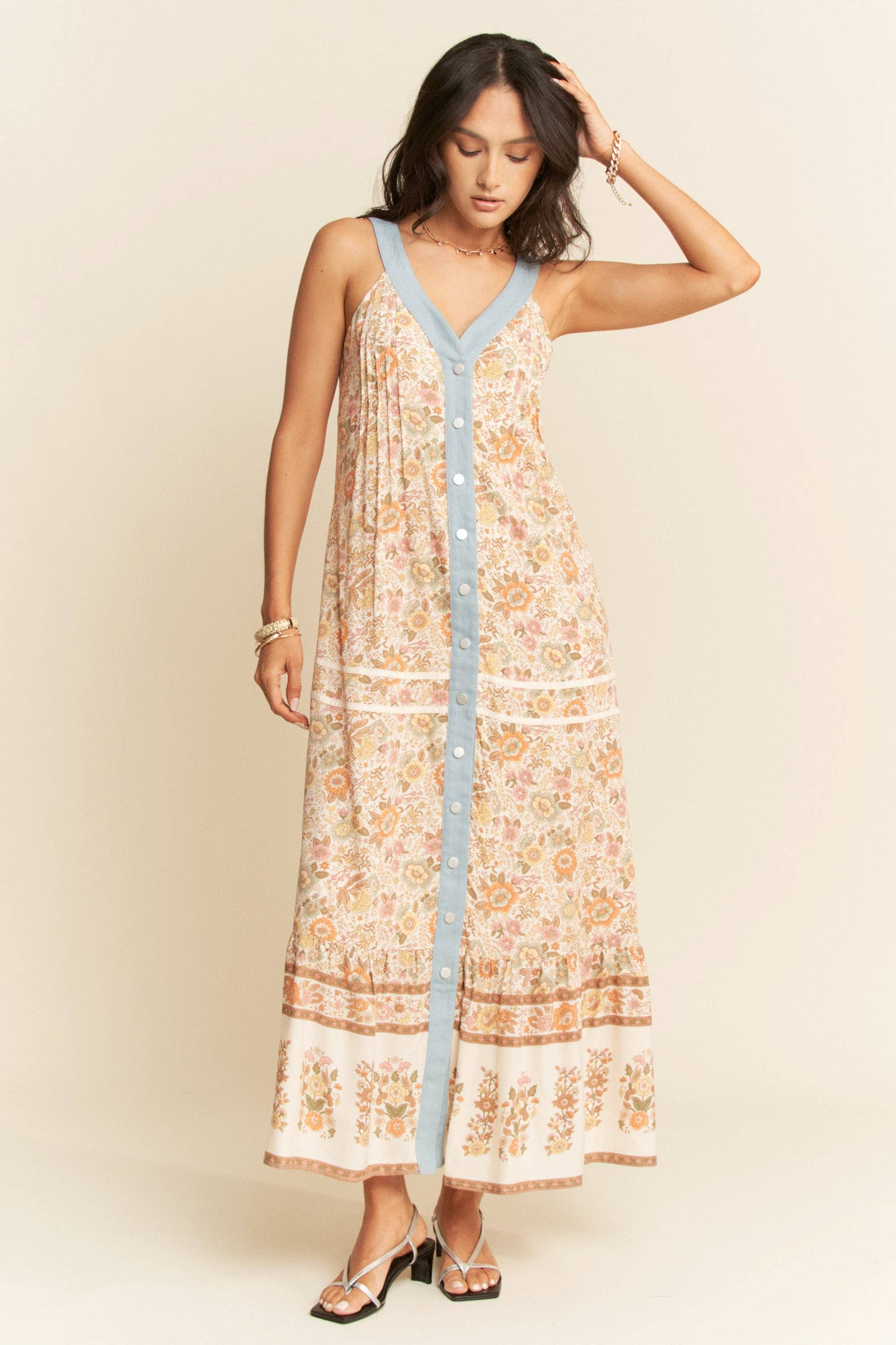 FLORAL BORDER PRINTED V NECK SLEEVELESS MAXI DRESS
