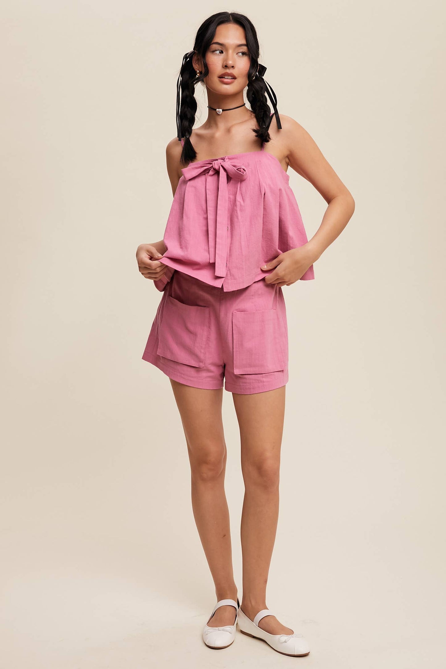 Bow-Tie Spaghetti Strap Top and Pocket Shorts Set
