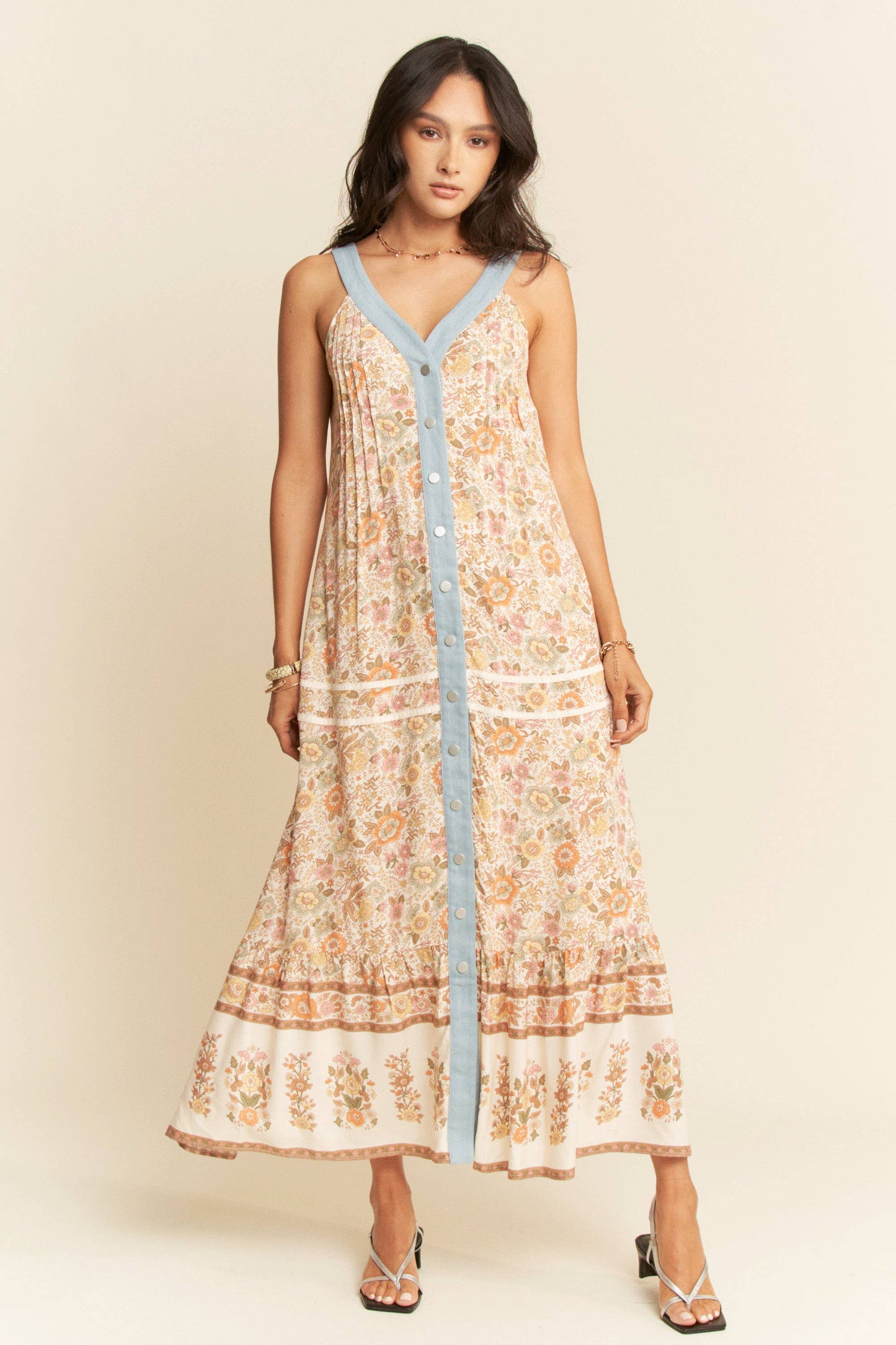FLORAL BORDER PRINTED V NECK SLEEVELESS MAXI DRESS