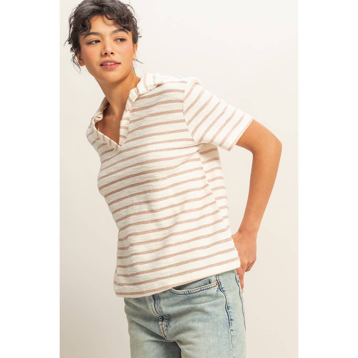 Striped Polo Neck Short Sleeve Top