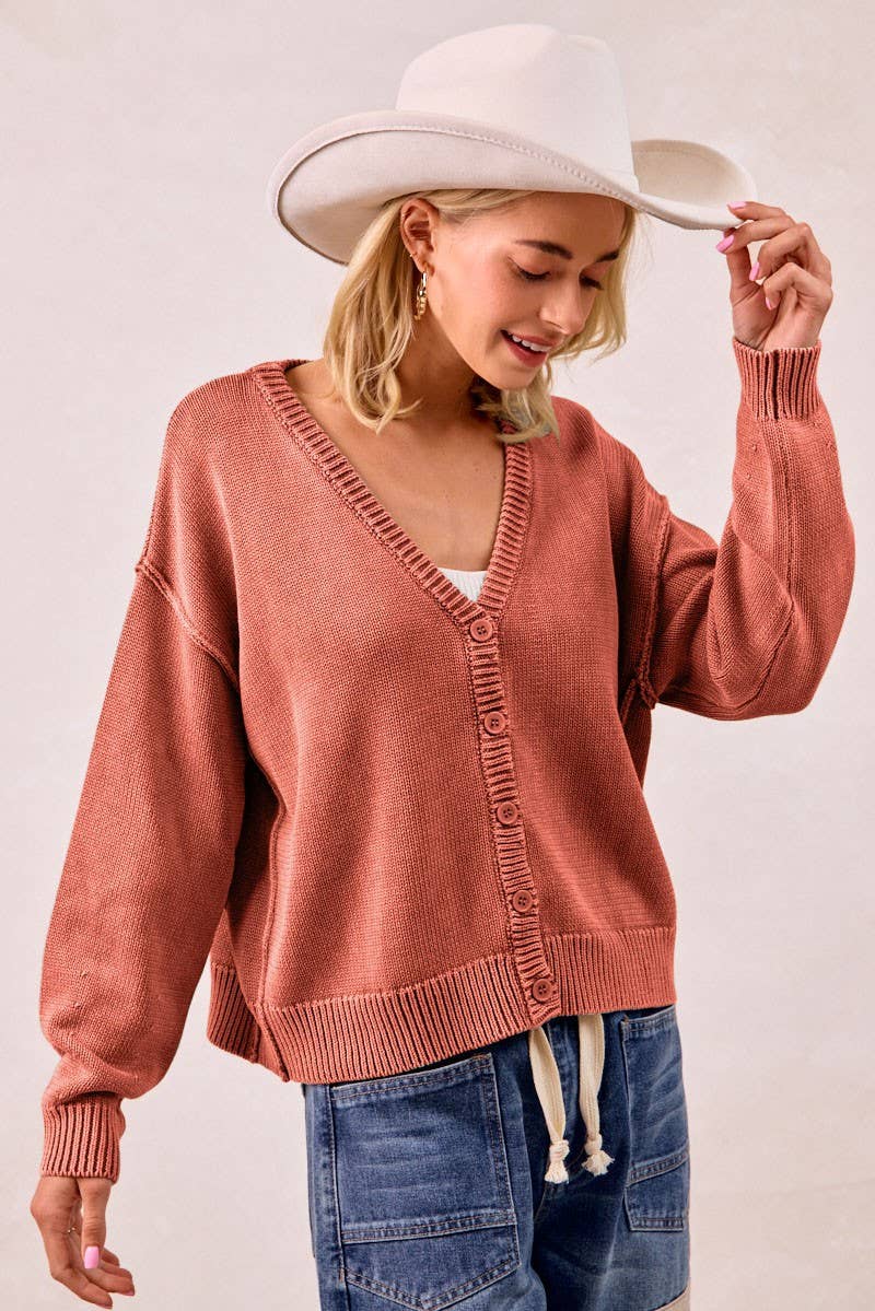 Washed Sweater V Neck Cardigan