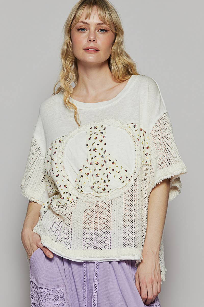 Oversize round neck crochet print peace mark top SALE