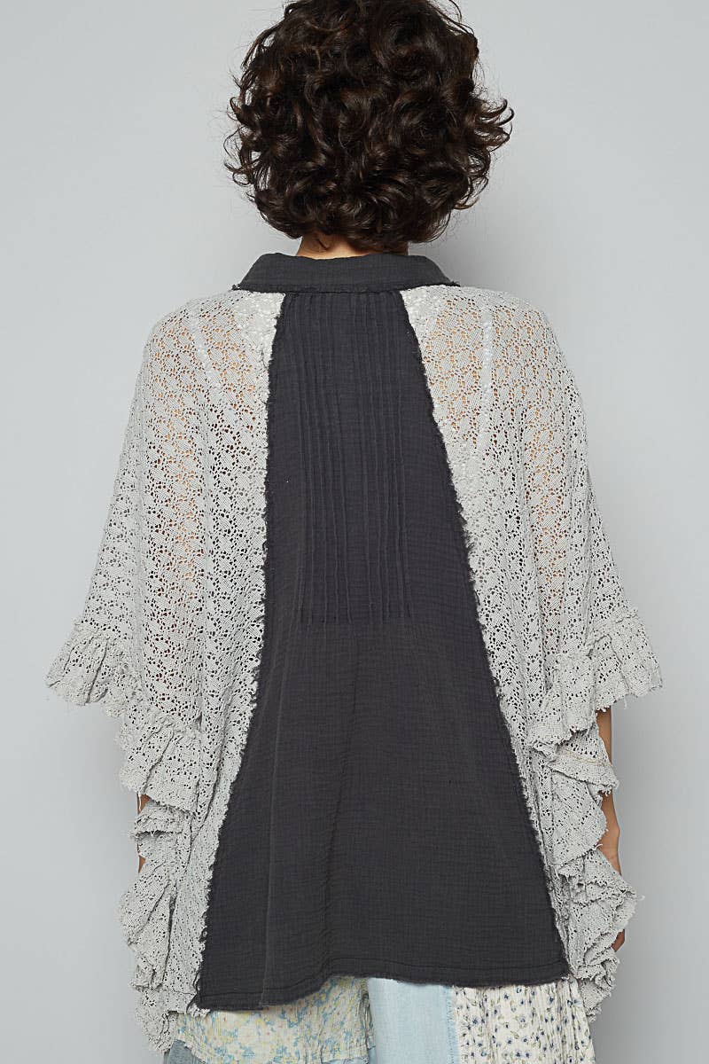 Oversize crochet contrast ruffle detail woven top