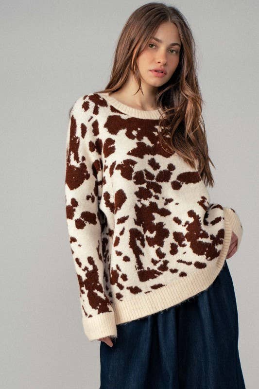 Cow Print Western Knit Top - Boho Camo Style
