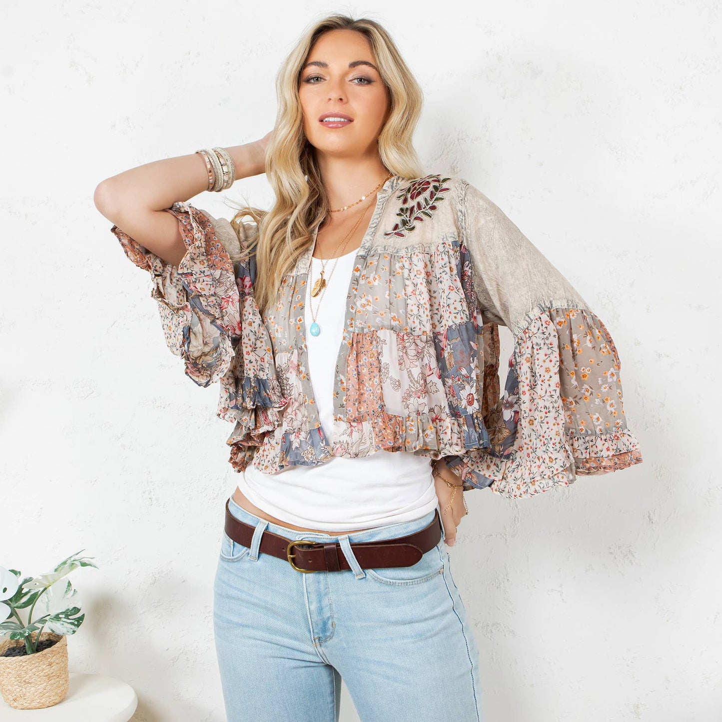 Vintage Boho Tiered Patchwork Cropped Shrug