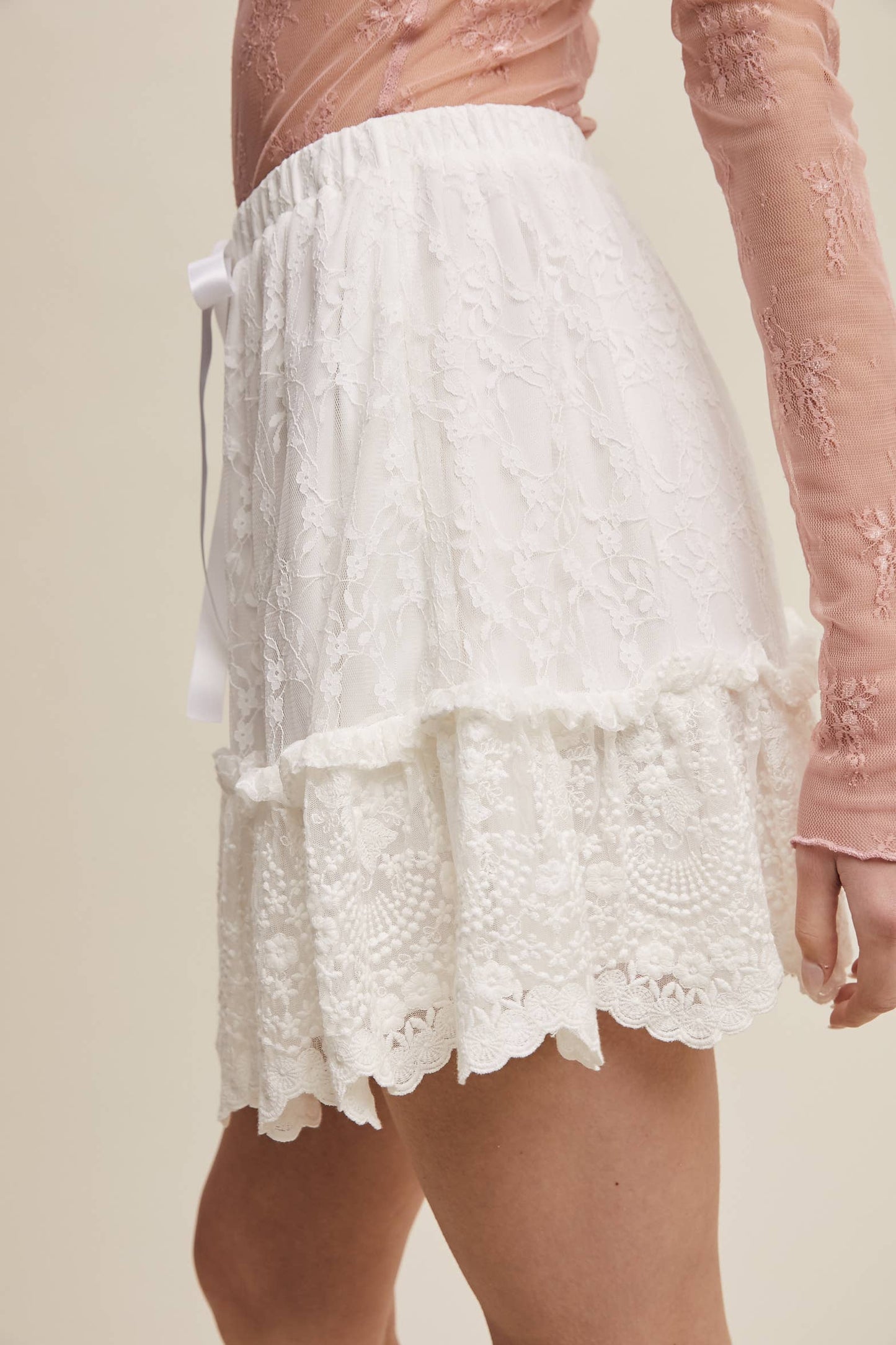 Embroidery Lace Tiered Mini Skirt