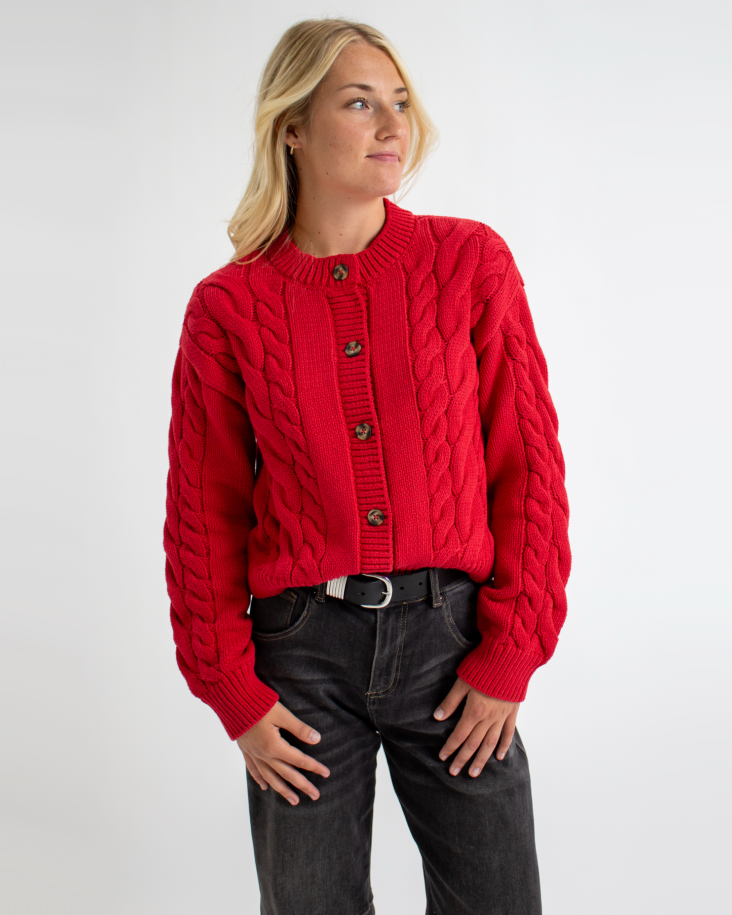 Schmancy Cable Knit Red Button Down Sweater Cardigan