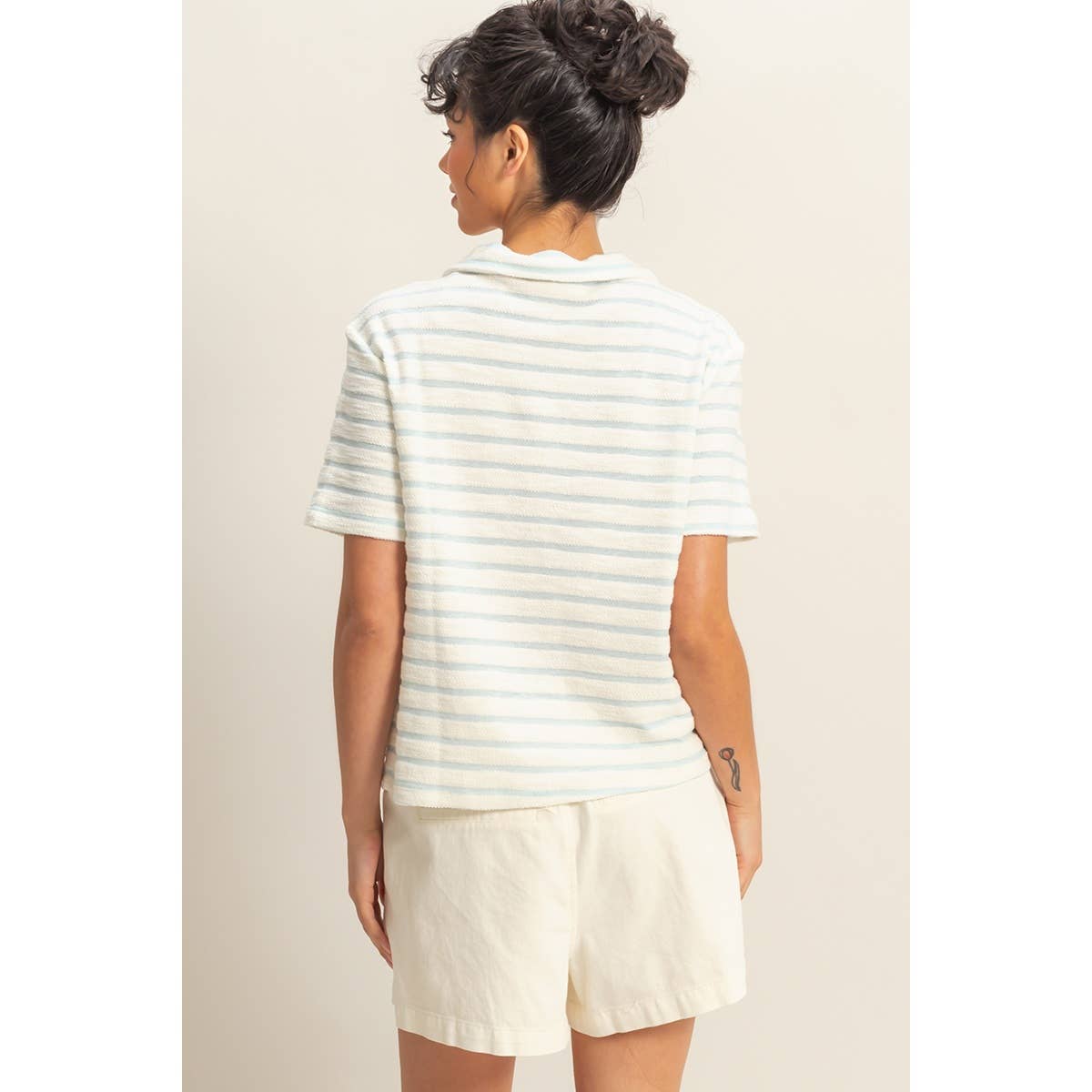 Striped Polo Neck Short Sleeve Top