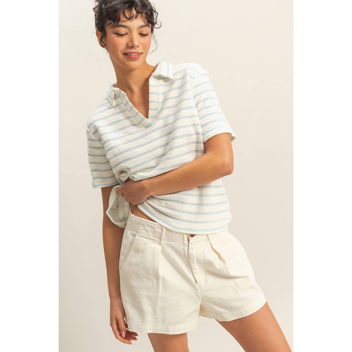 Striped Polo Neck Short Sleeve Top