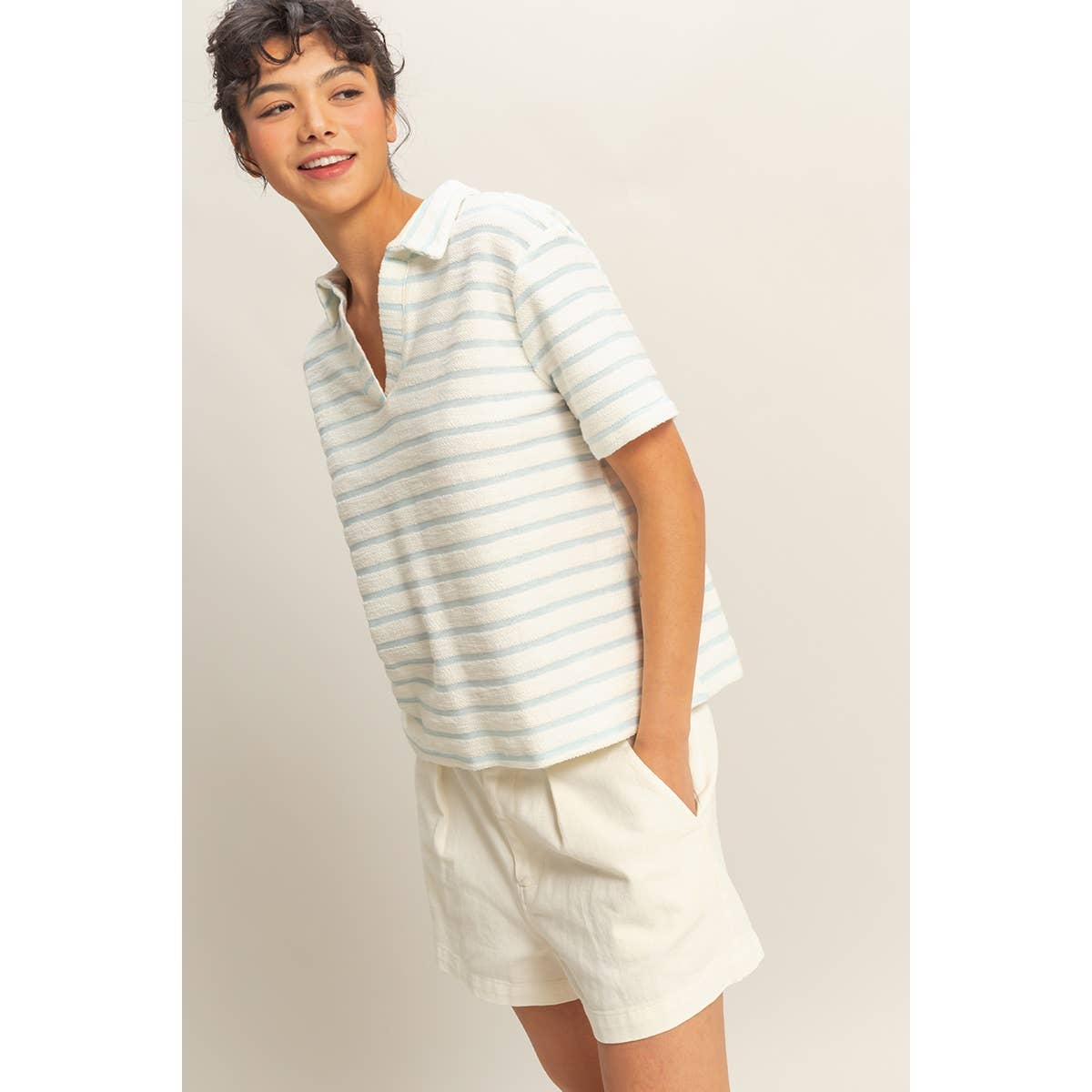Striped Polo Neck Short Sleeve Top