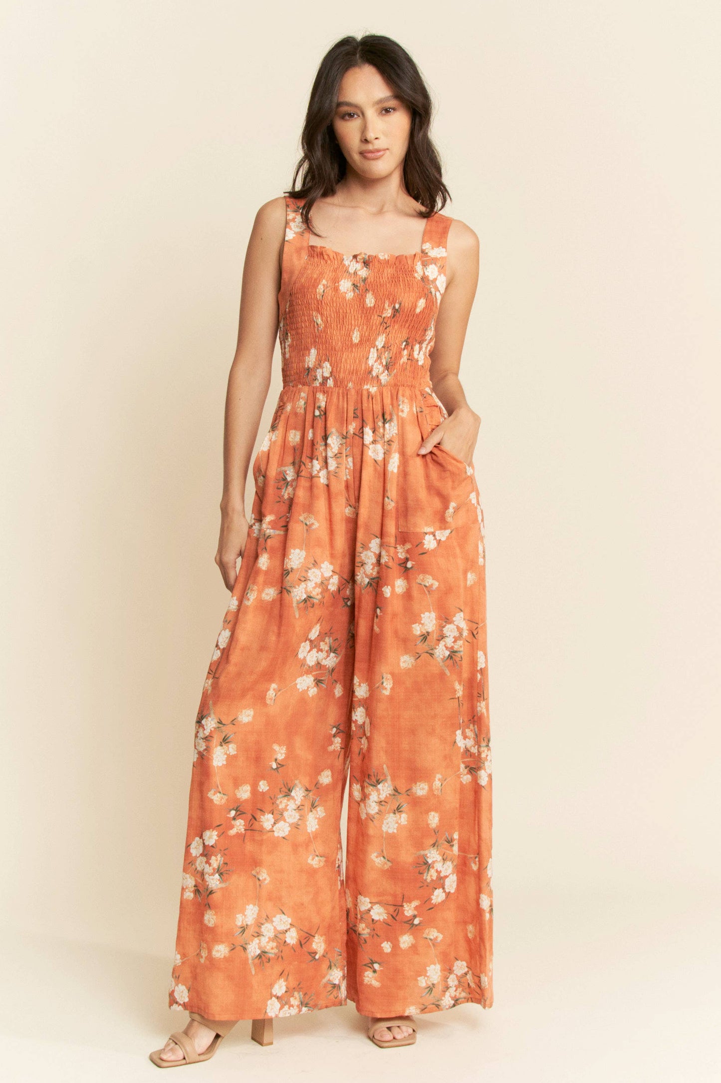 FLORAL RUFFLE SQUARE NECK SMOCKING BODICE JUMPSUIT