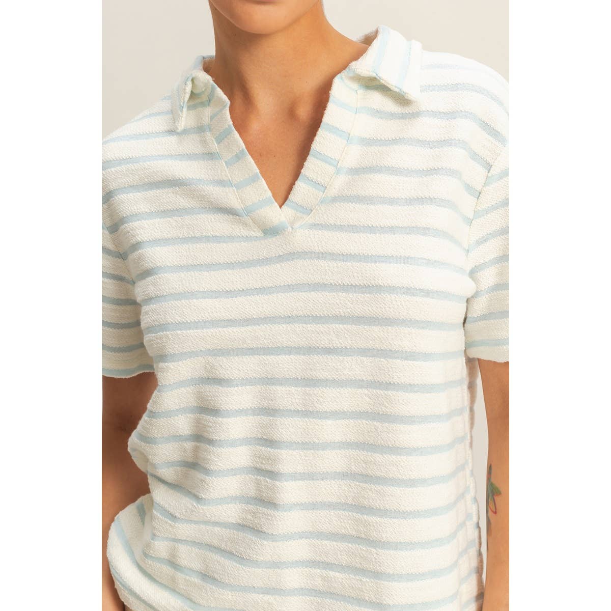 Striped Polo Neck Short Sleeve Top