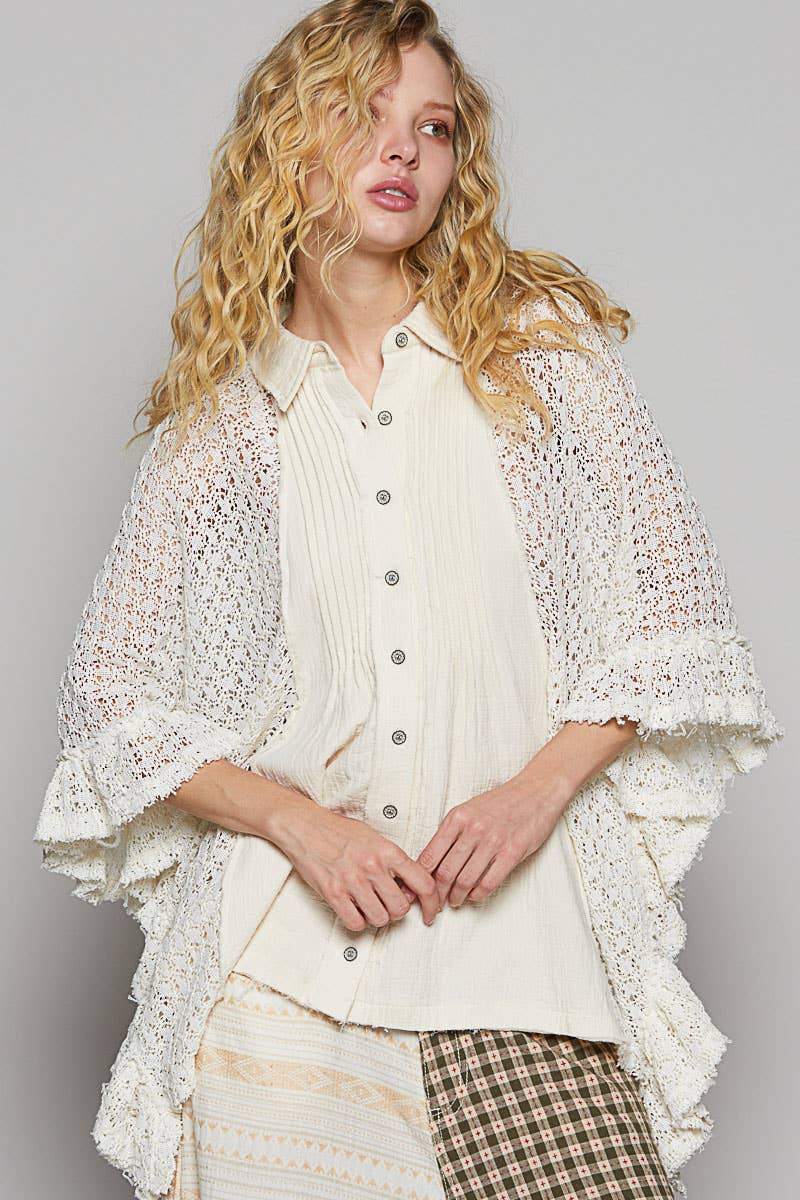Oversize crochet contrast ruffle detail woven top