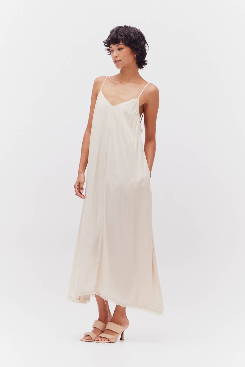 Grade & Gather Raw Hem Satin Midi Dress