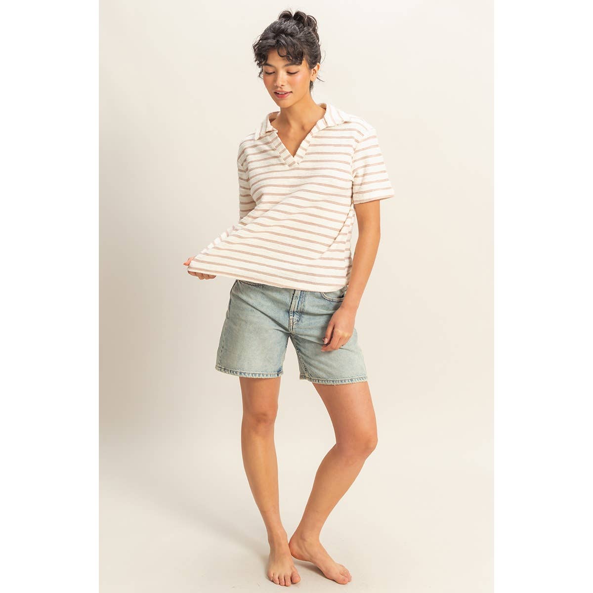 Striped Polo Neck Short Sleeve Top