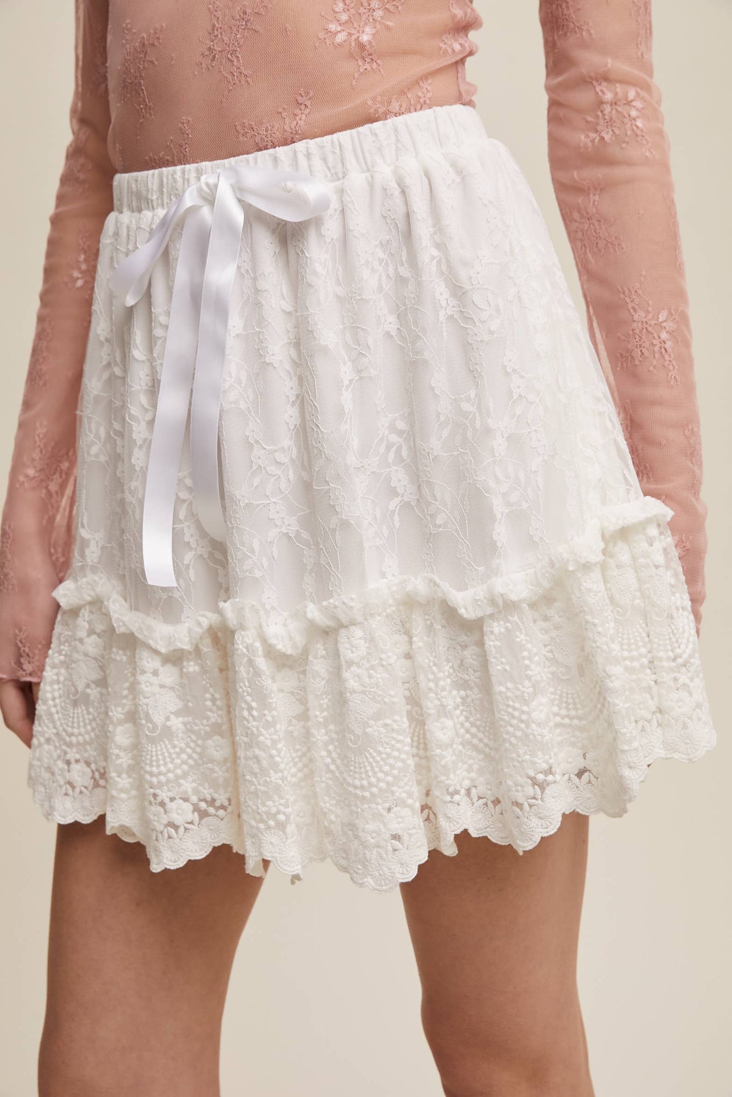 Embroidery Lace Tiered Mini Skirt