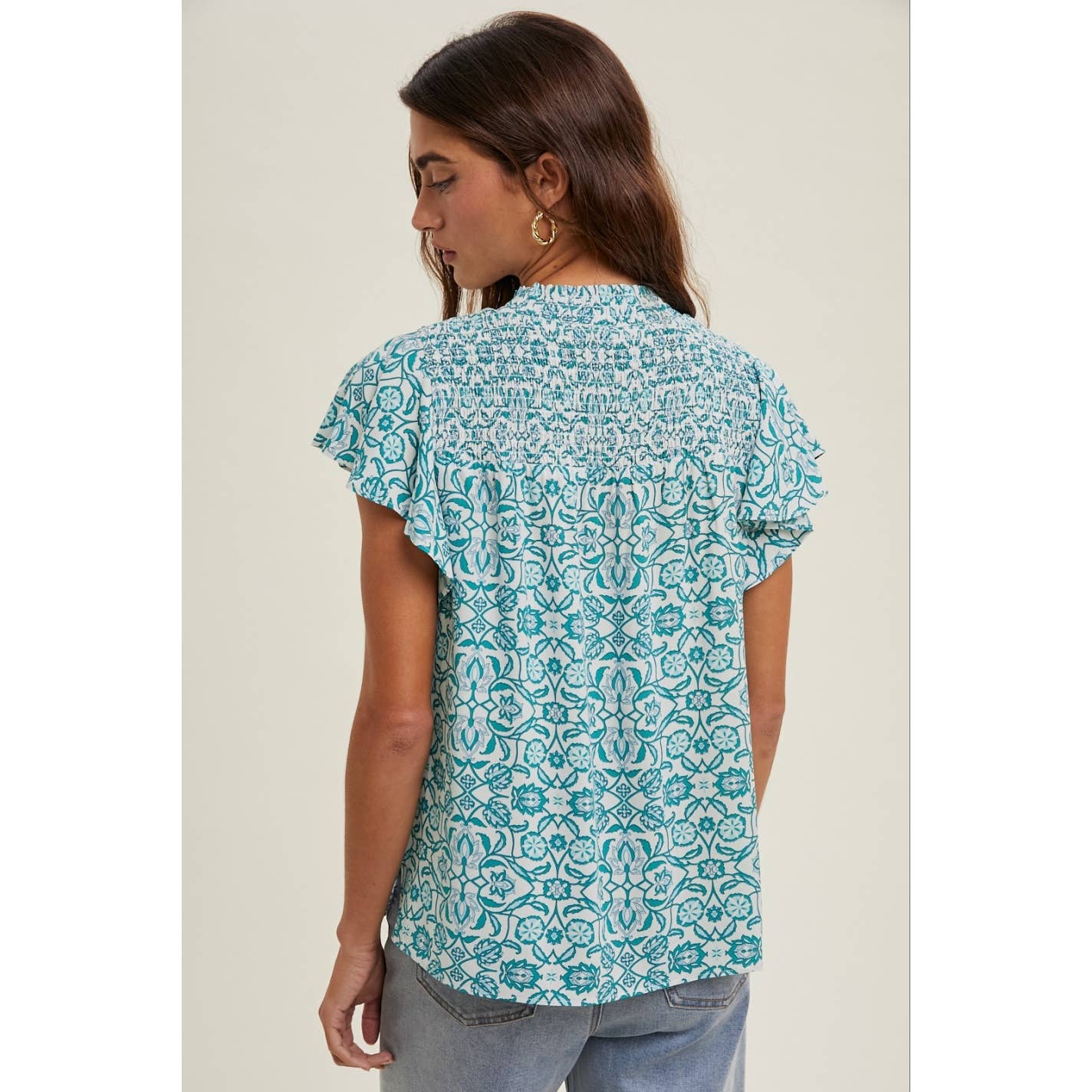 MOSAIC SMOCKED HIGH-NECK BLOUSE / WL25-10005