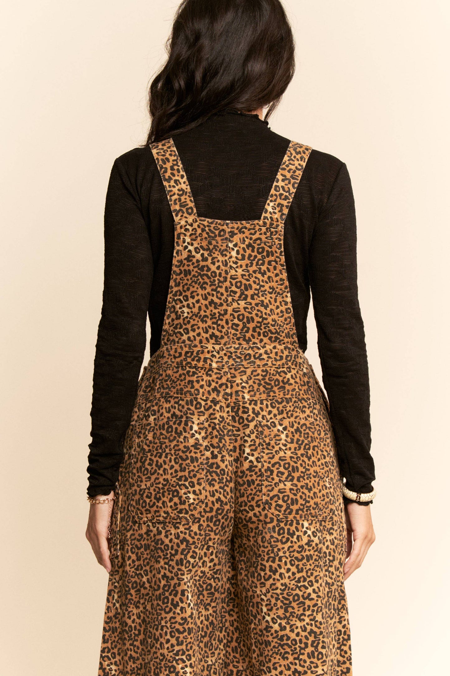 ANIMAL PRINTED DENIM WIDE OPEN LEG OVERALL PANTS