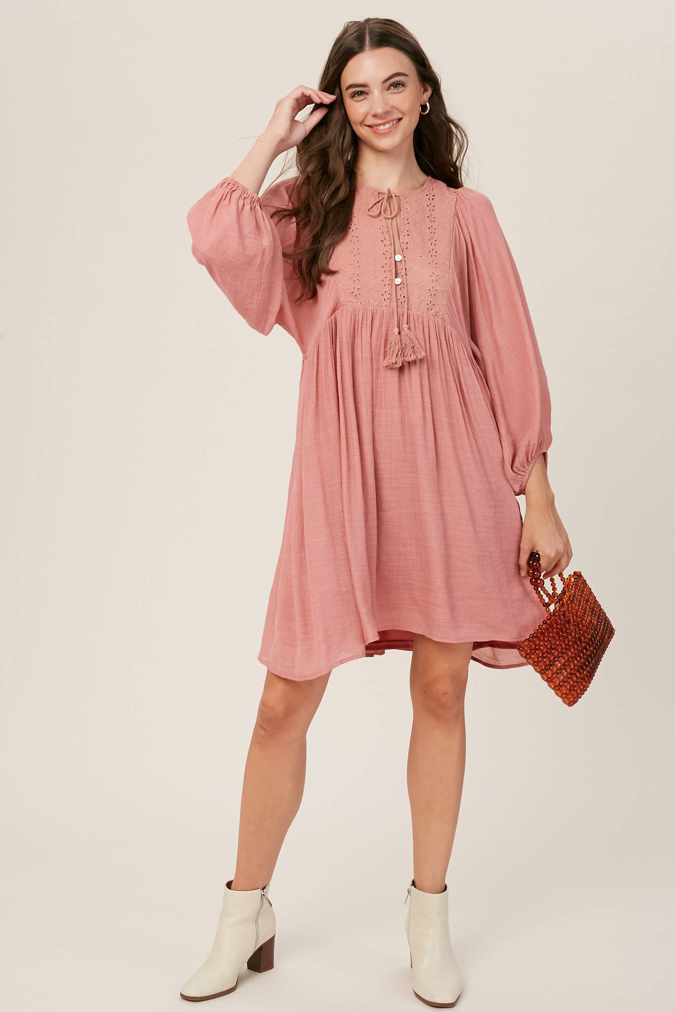 Embroidered Tassel Tie Babydoll Dress