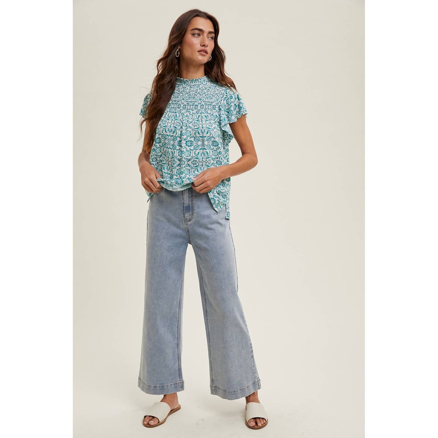 MOSAIC SMOCKED HIGH-NECK BLOUSE / WL25-10005