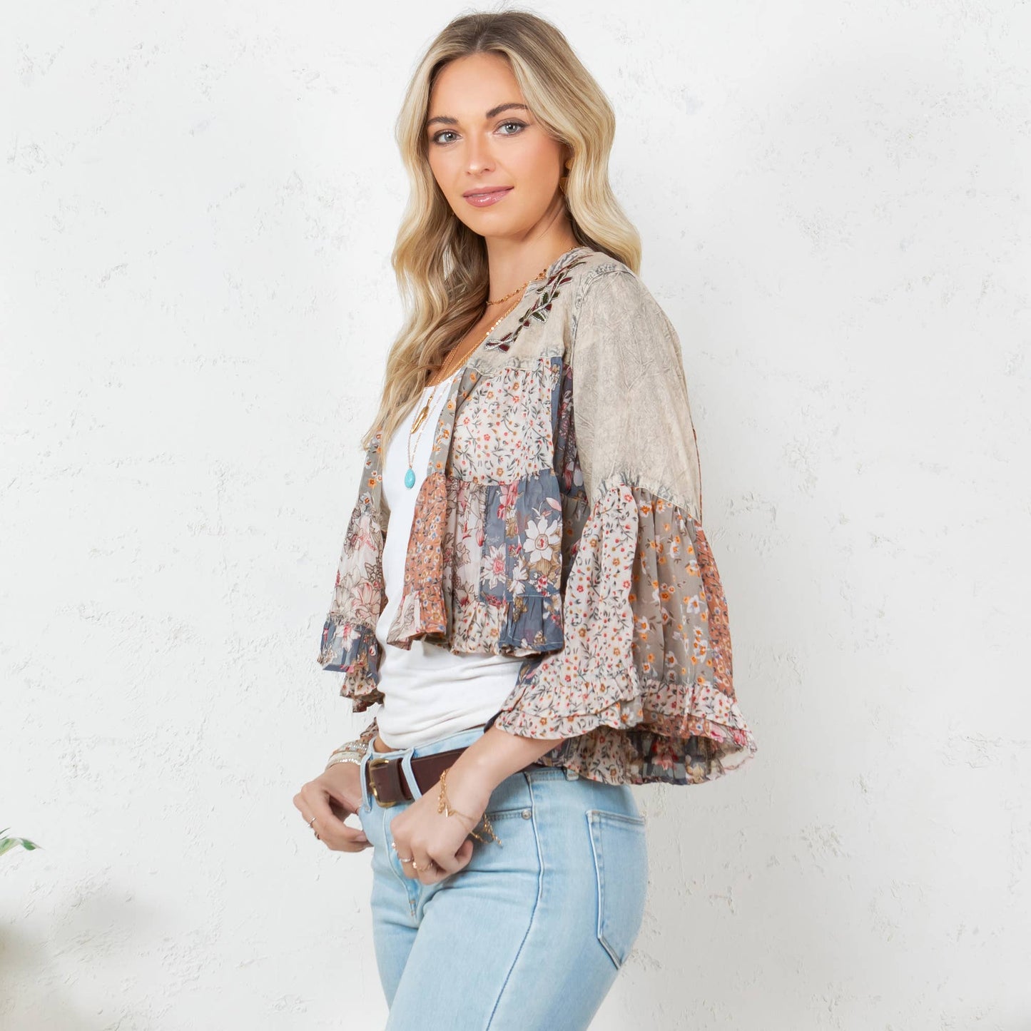 Vintage Boho Tiered Patchwork Cropped Shrug