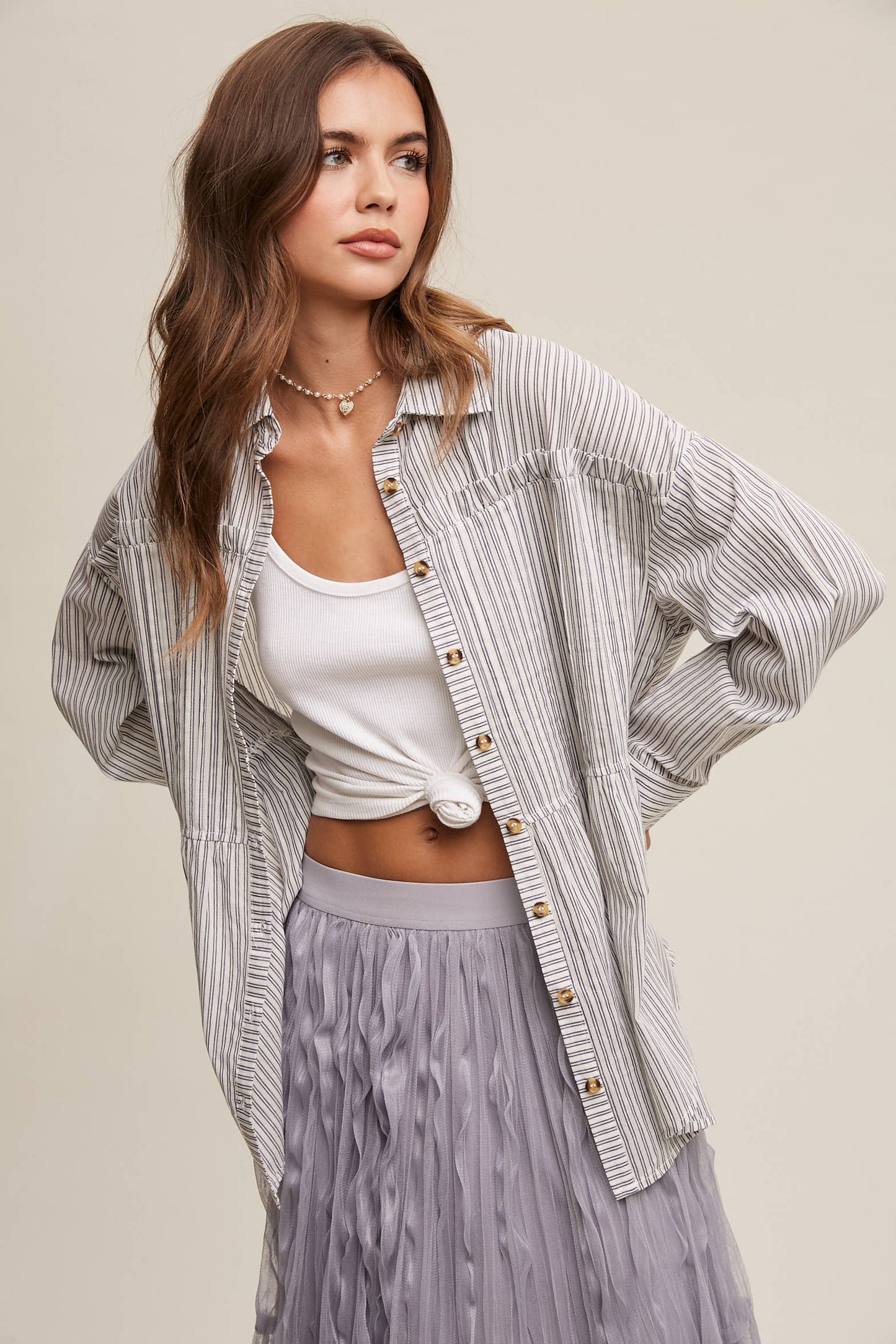 Striped Peplum Button-Down Shirt
