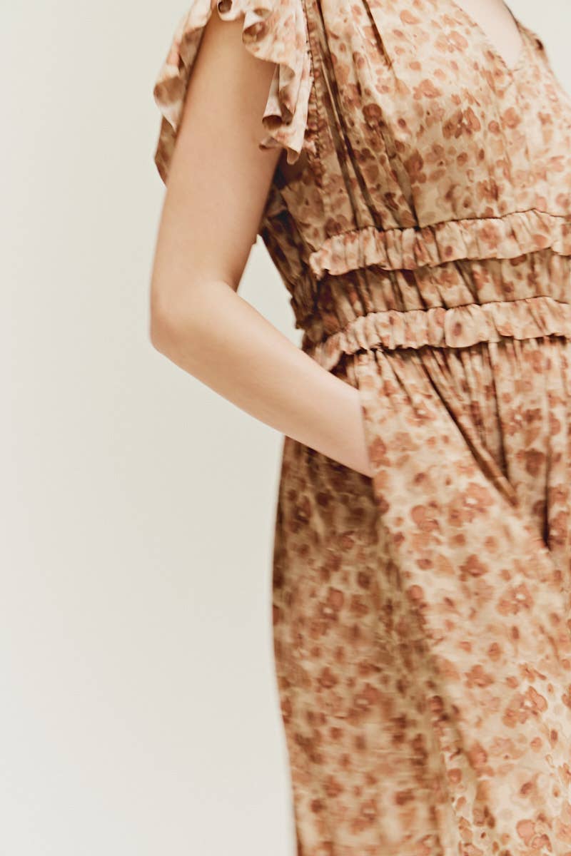Ruffled Satin V Neck Dress - NYC