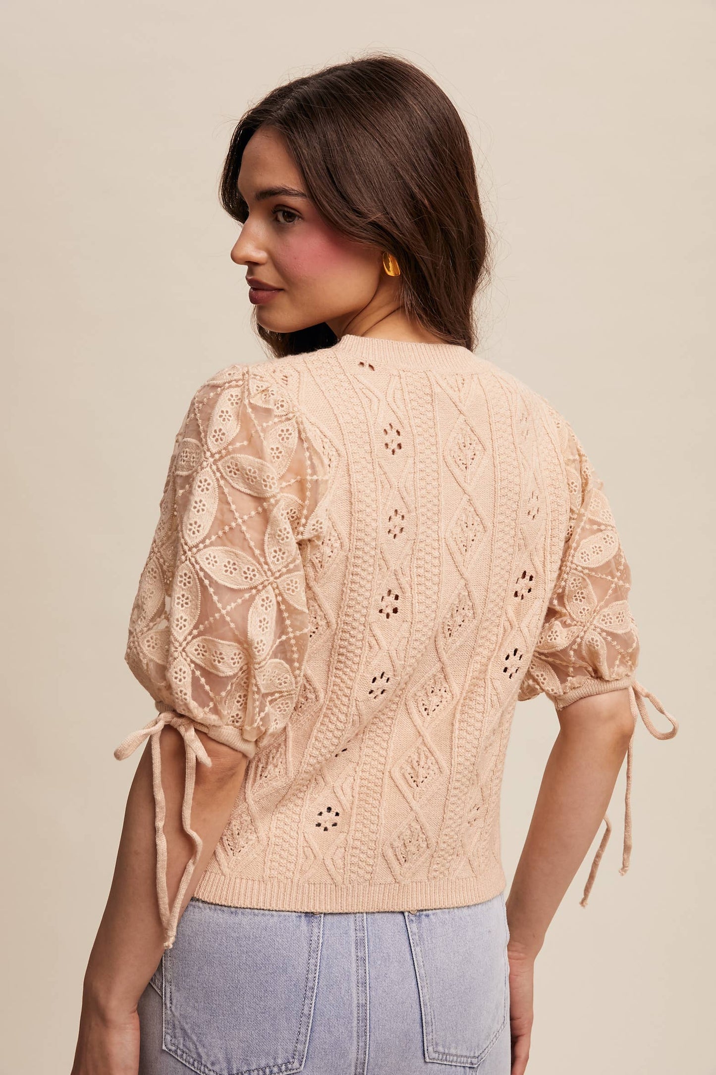 Eyelet Puff Sleeve Knit Sweater Top