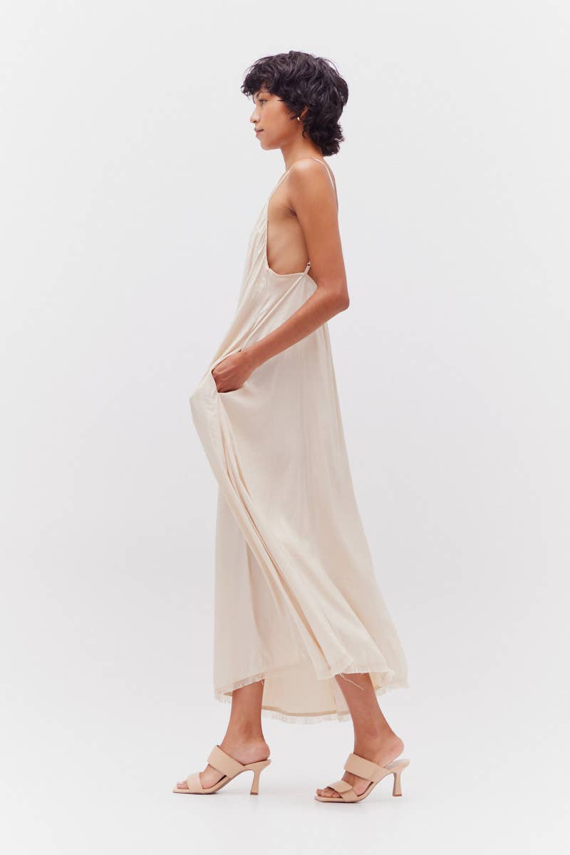 Grade & Gather Raw Hem Satin Midi Dress