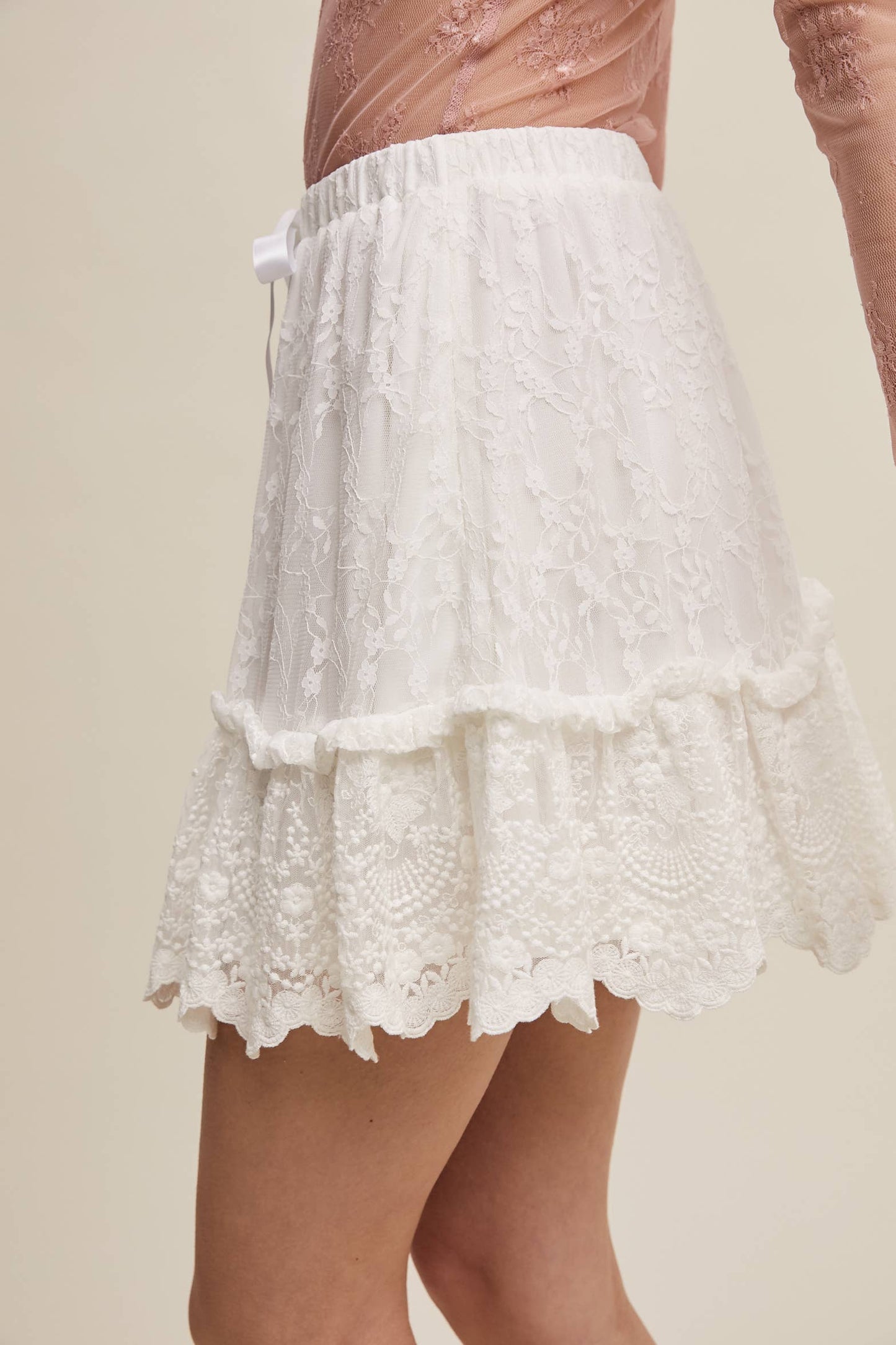 Embroidery Lace Tiered Mini Skirt