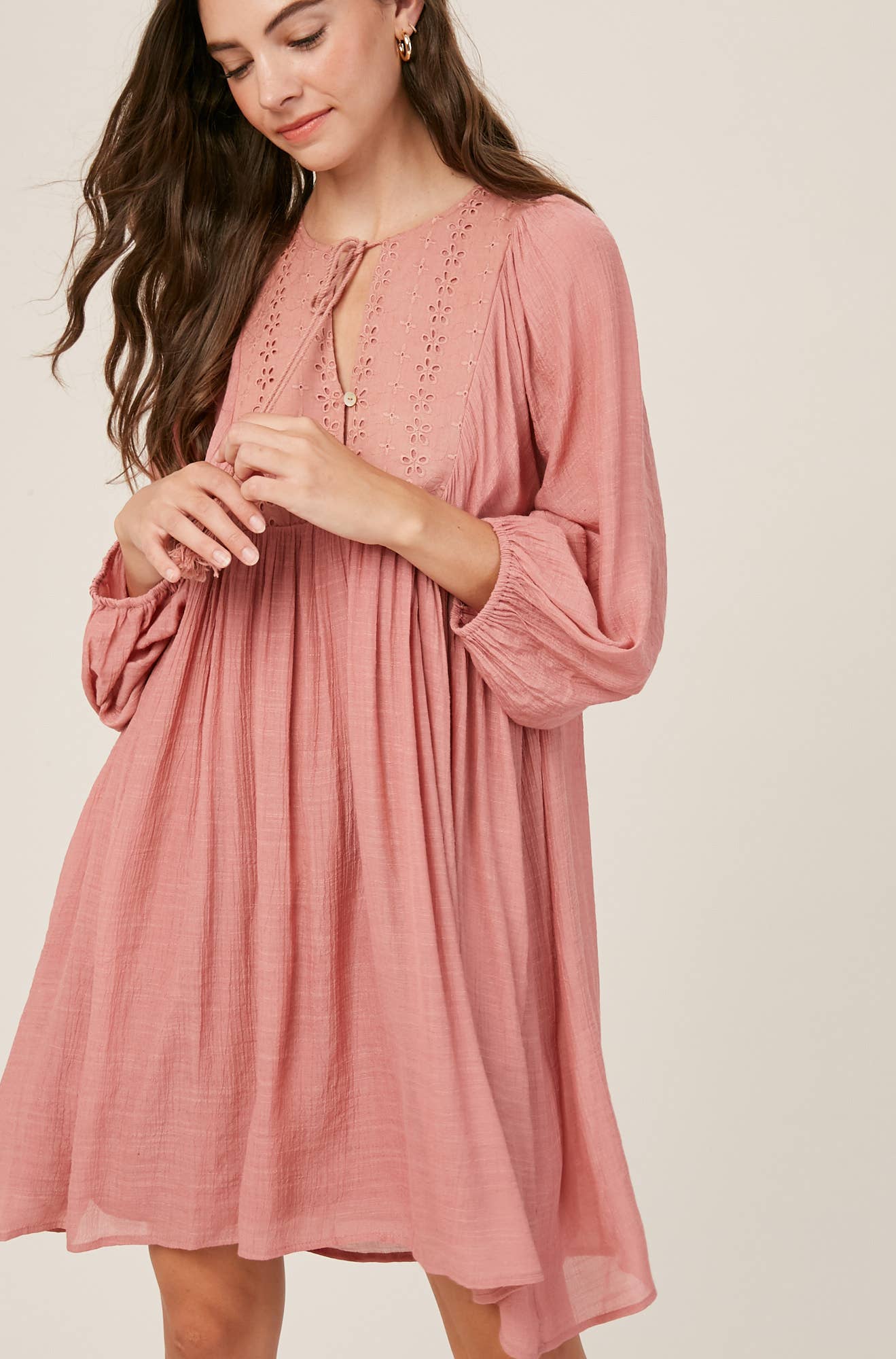 Embroidered Tassel Tie Babydoll Dress