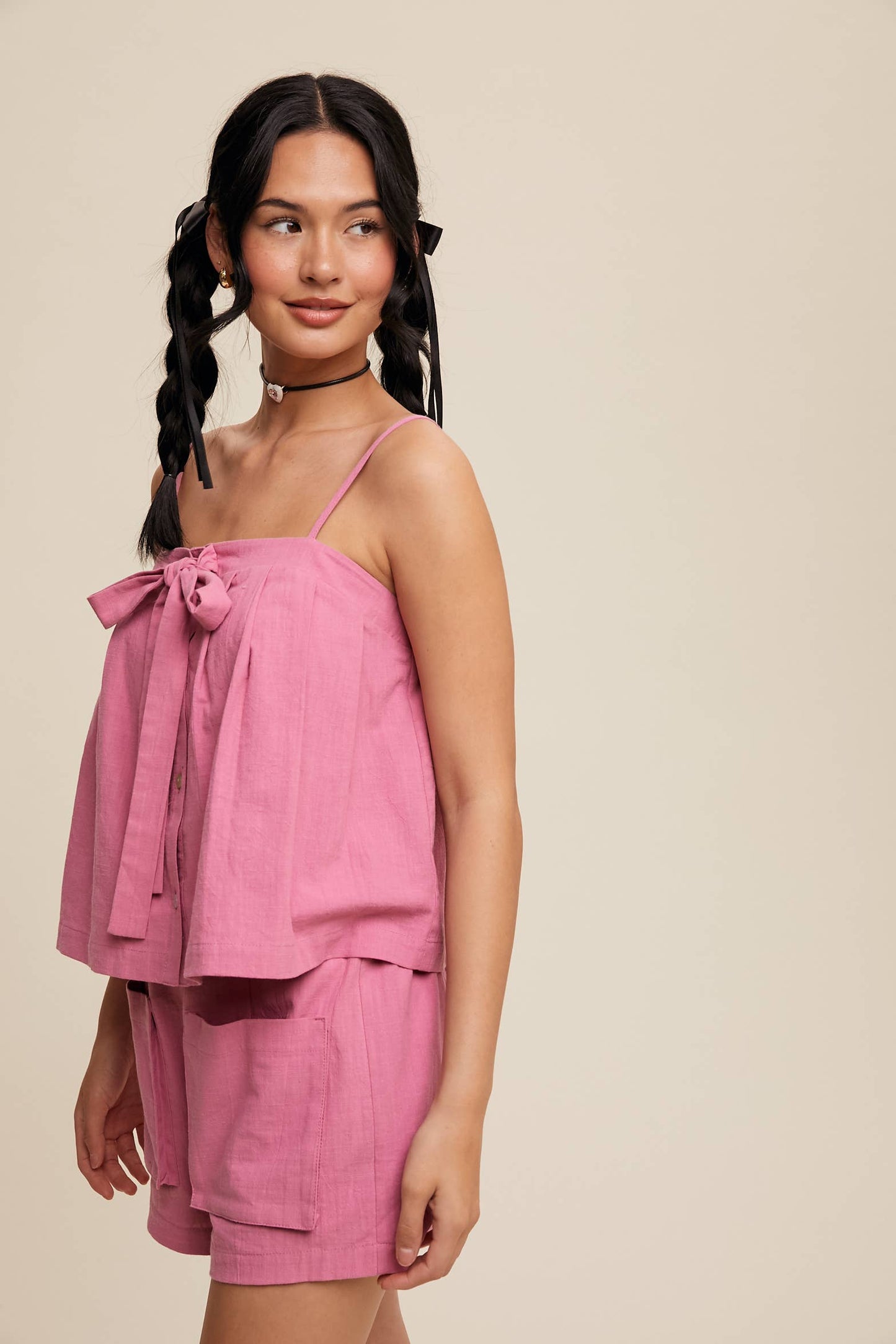 Bow-Tie Spaghetti Strap Top and Pocket Shorts Set
