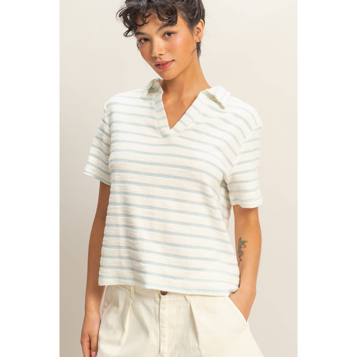 Striped Polo Neck Short Sleeve Top