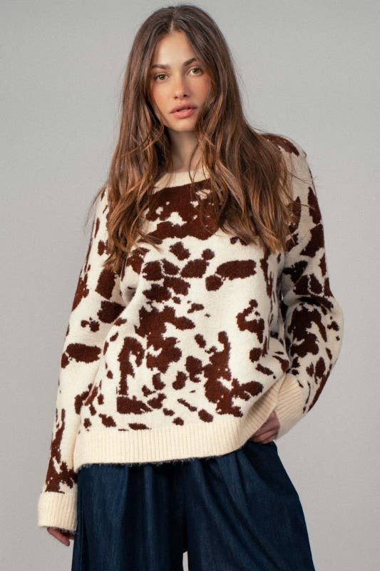 Cow Print Western Knit Top - Boho Camo Style