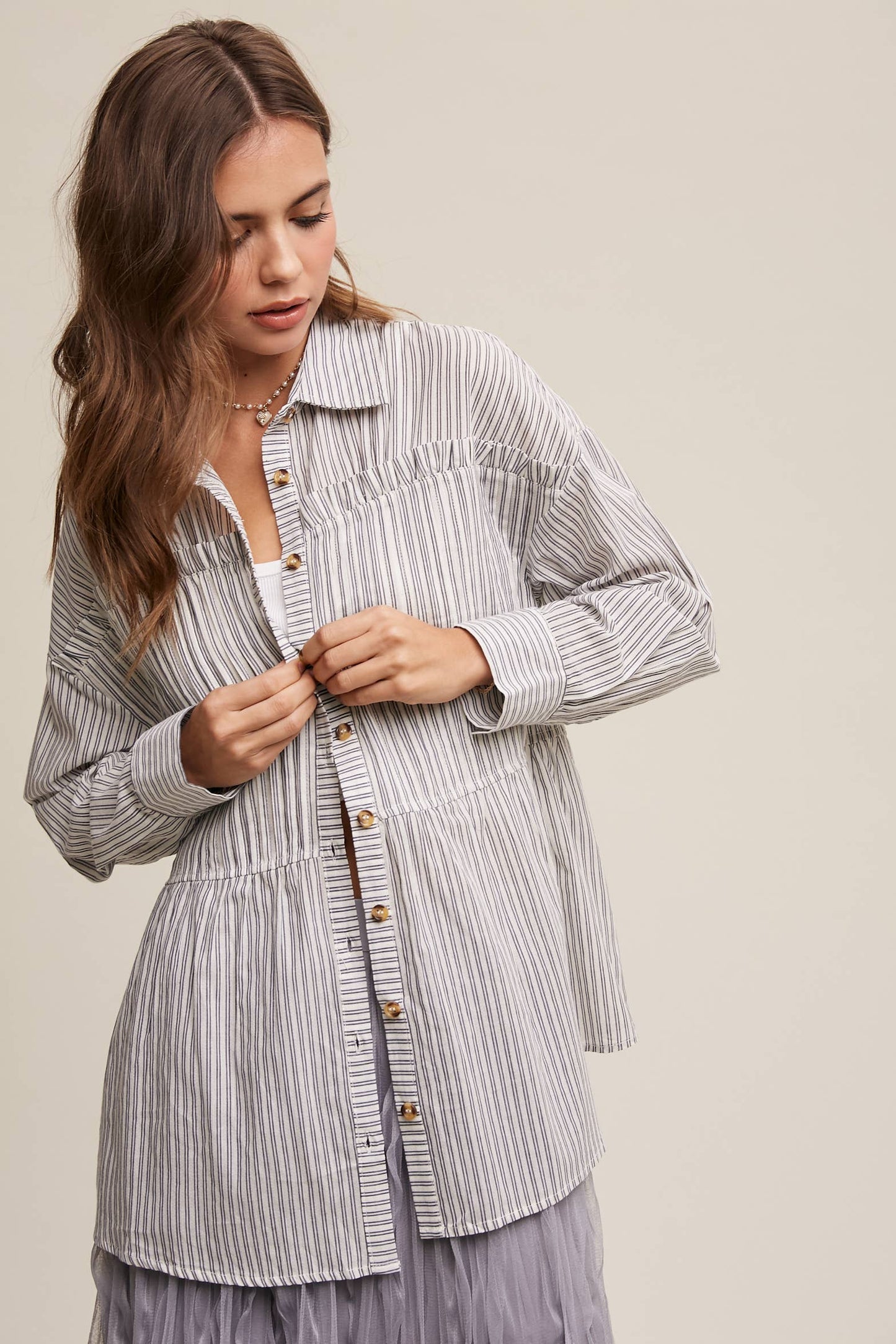 Striped Peplum Button-Down Shirt