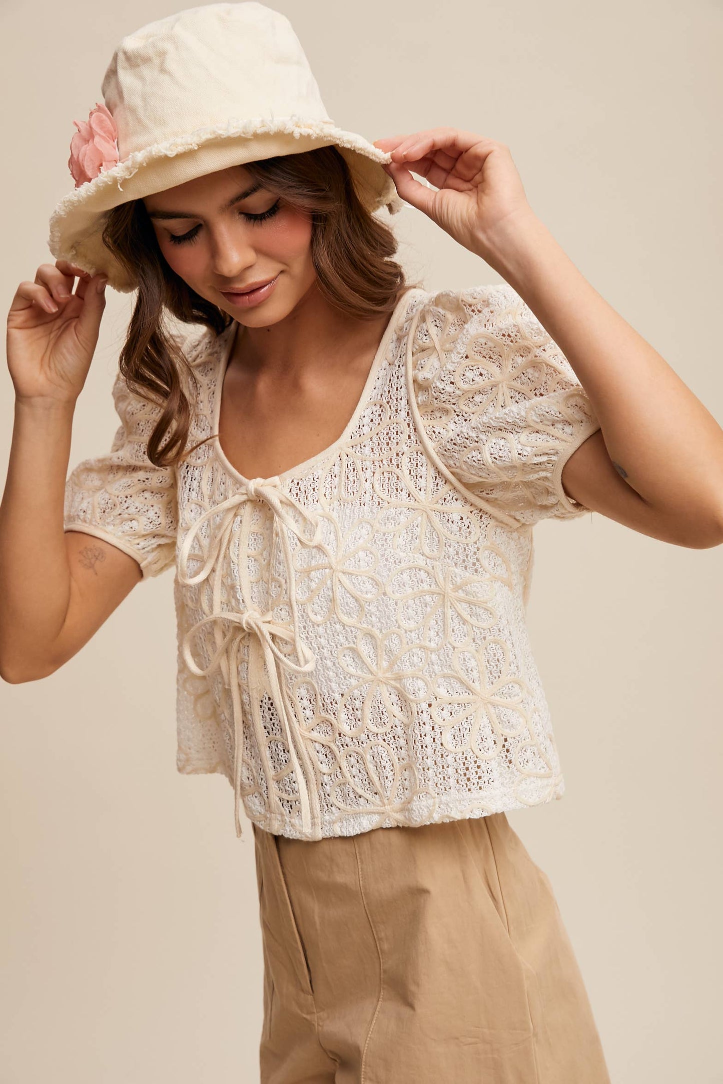 Embroidery Crochet Lace Puff Sleeve Blouse